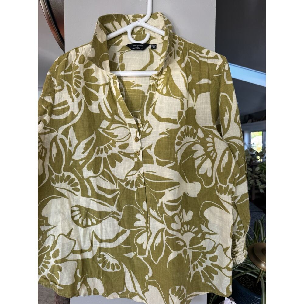 Unique Spectrum by MLLE  blouse women's Lg  green white botanical 100% cotton‎